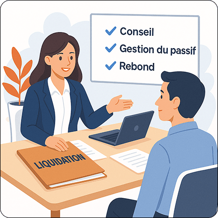 Conseiller expliquant la liquidation judiciaire à un dirigeant avec dossier et ordinateur